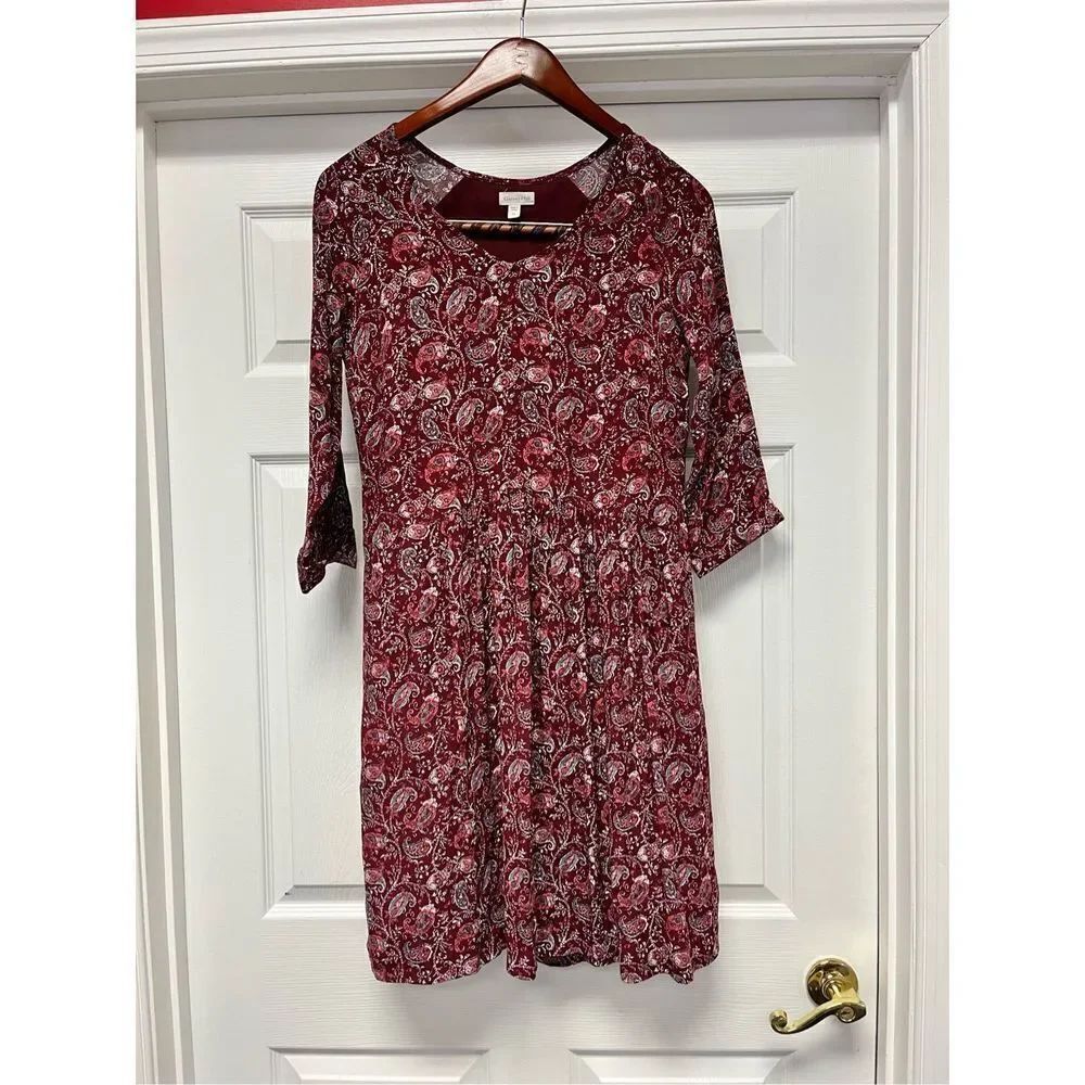 Garnet Hill Burgundy Paisley Long Sleeve Pocket MIDI Dress sz 4